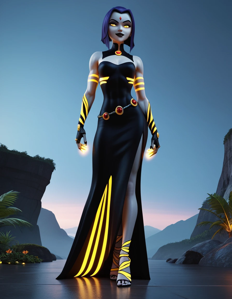 Giant futuristic woman with neon energy in jungle landscape
