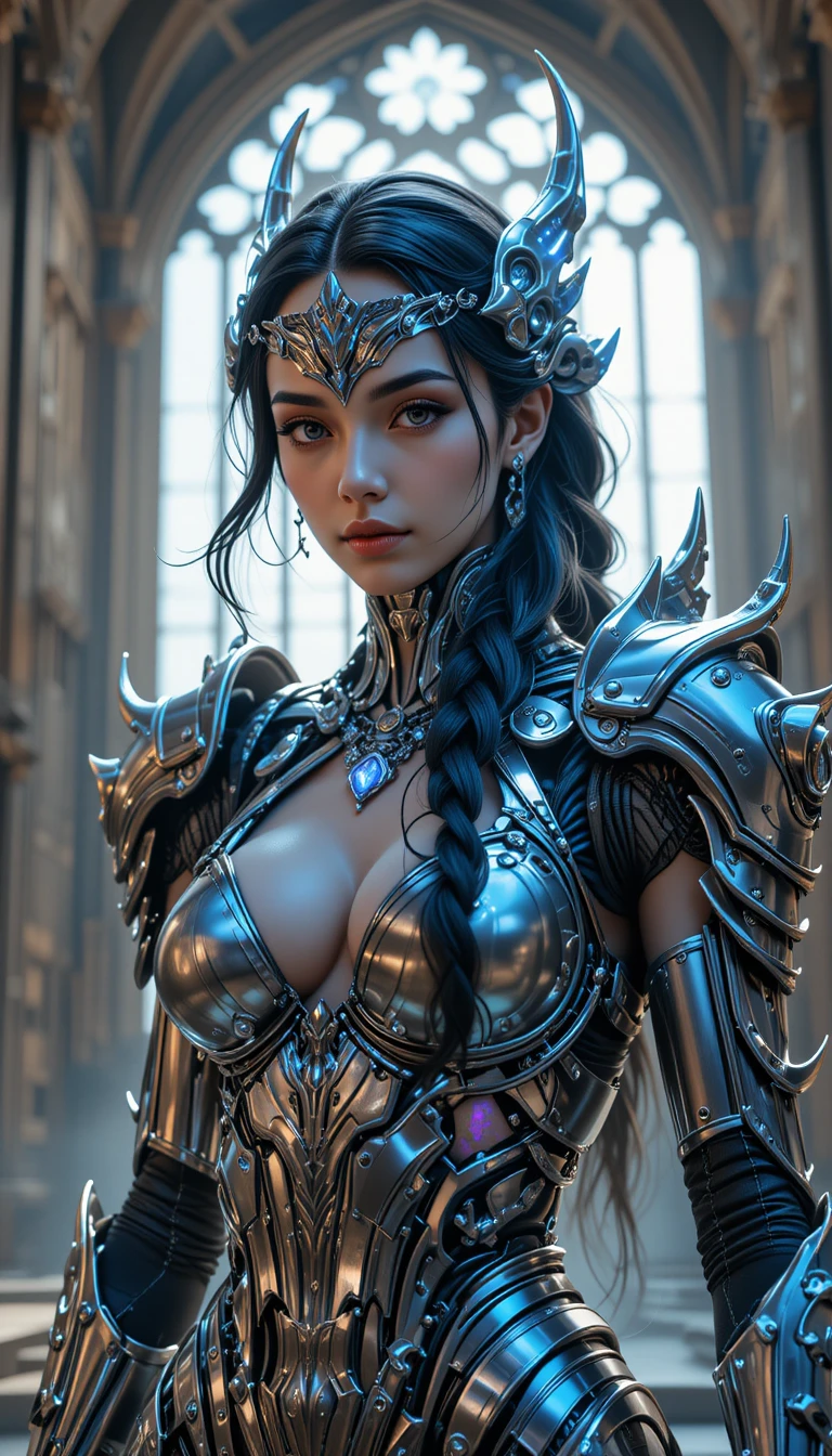 Cybernetic war goddess in luminous mechanical armor