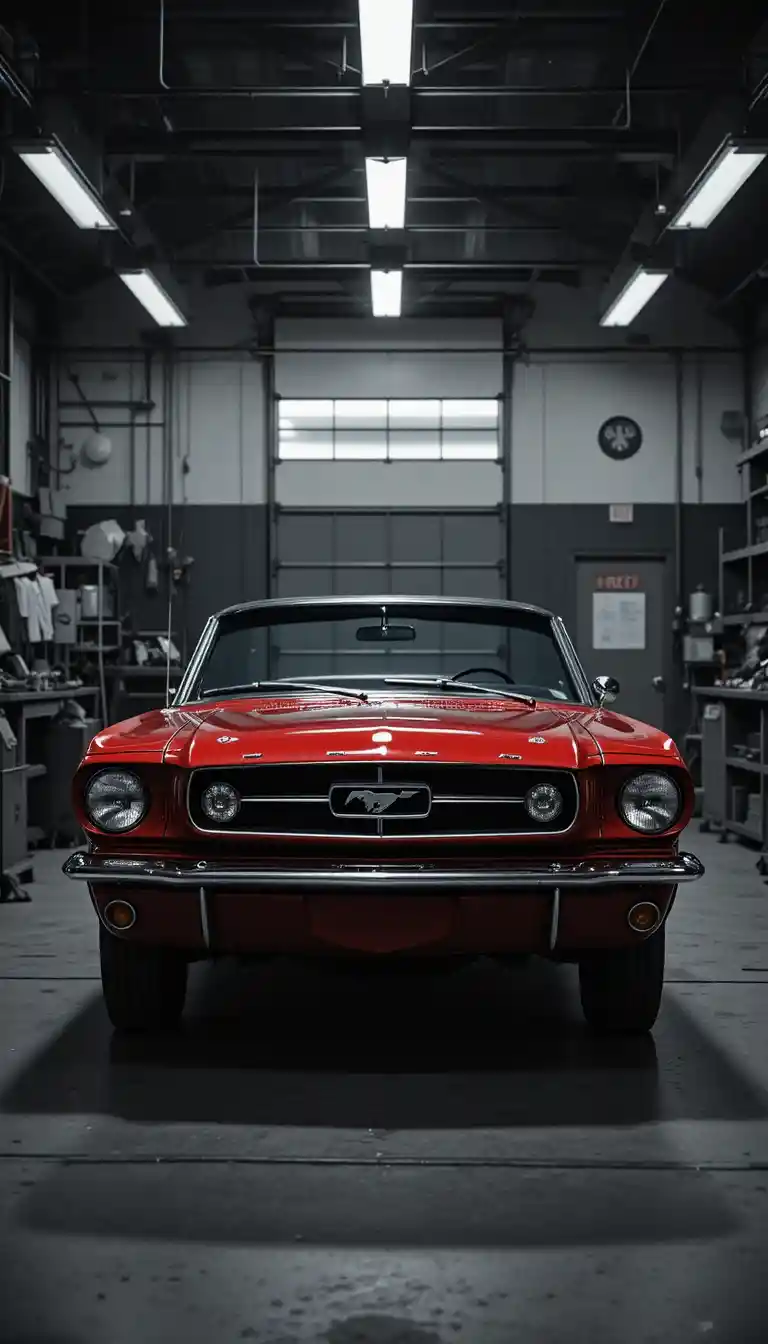 Mechanic working on red mustang in monochrome garage
