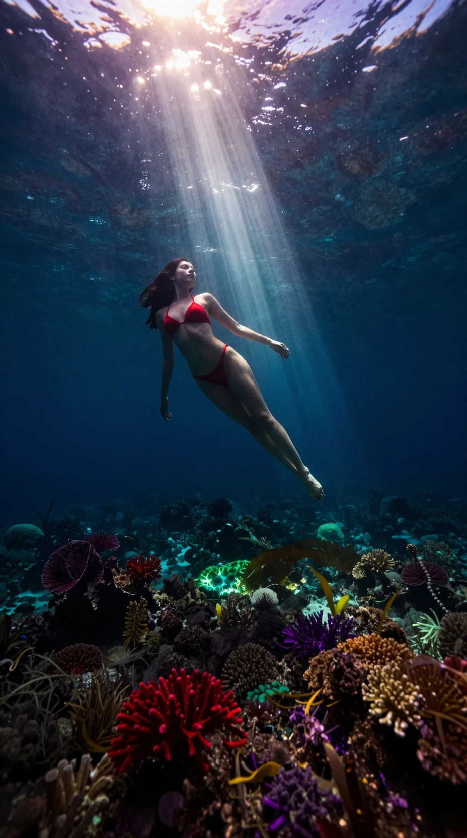 Woman in red bikini swimming through sunlit ocean depths