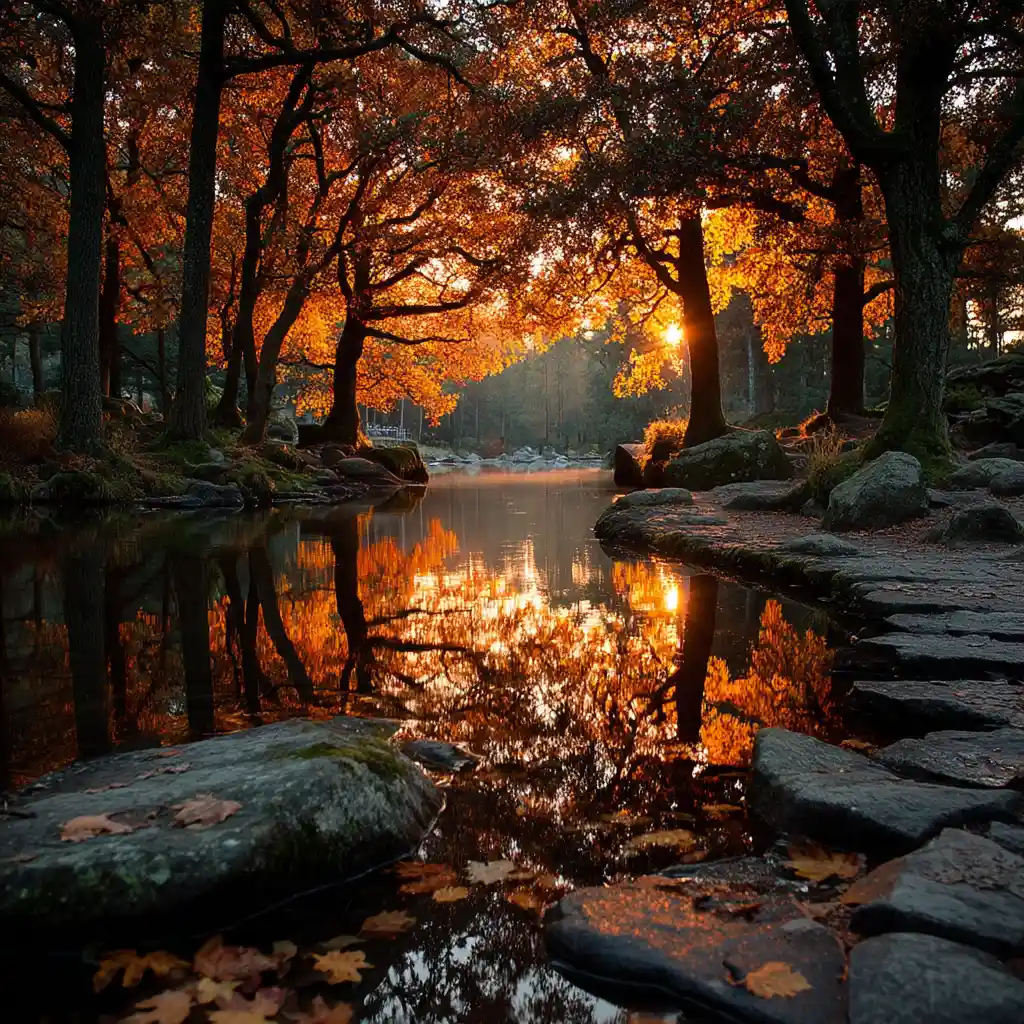 Autumn forest lake reflecting fiery foliage in still water