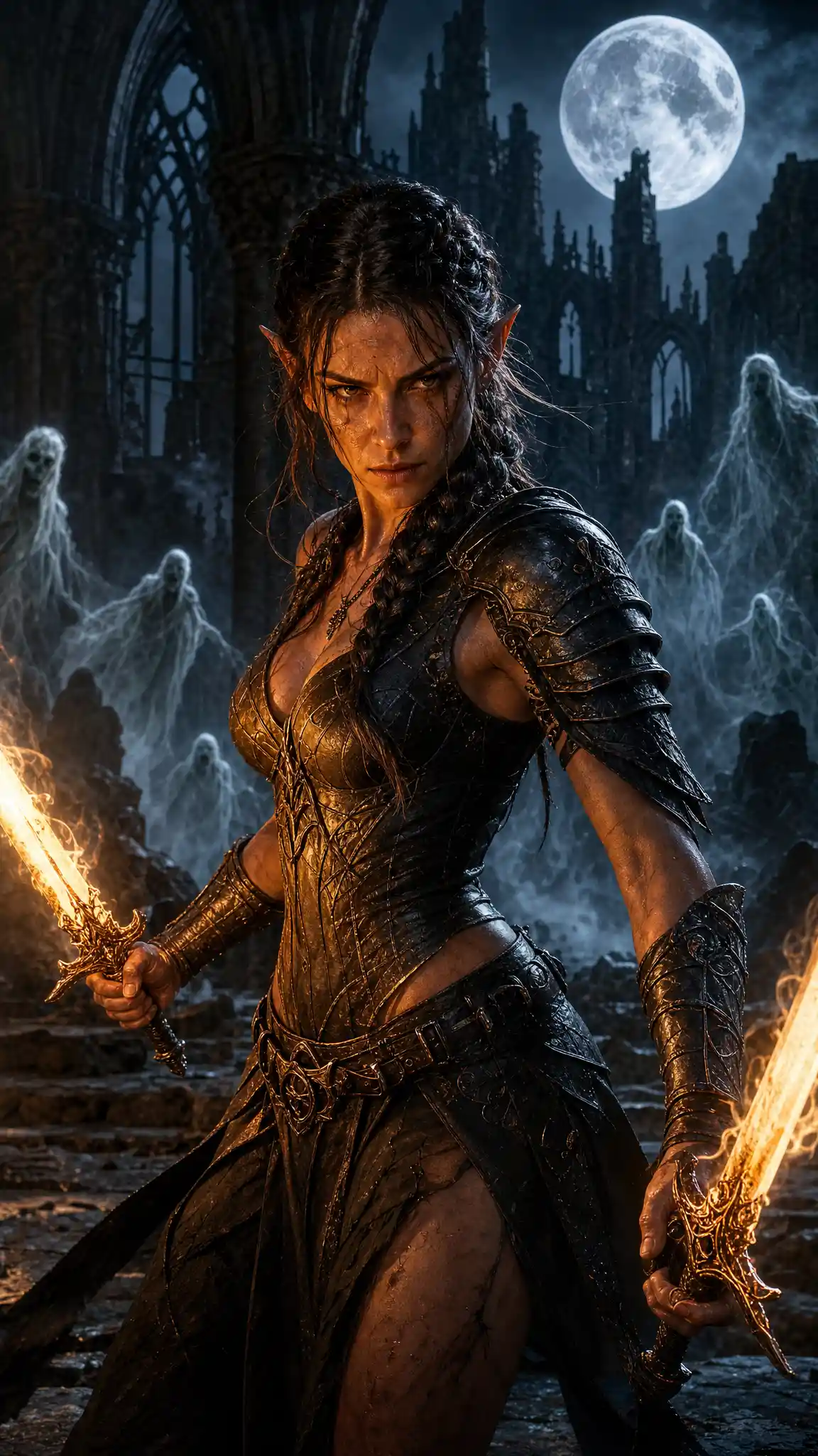 Elven warrior with twin flaming swords under a vast moon