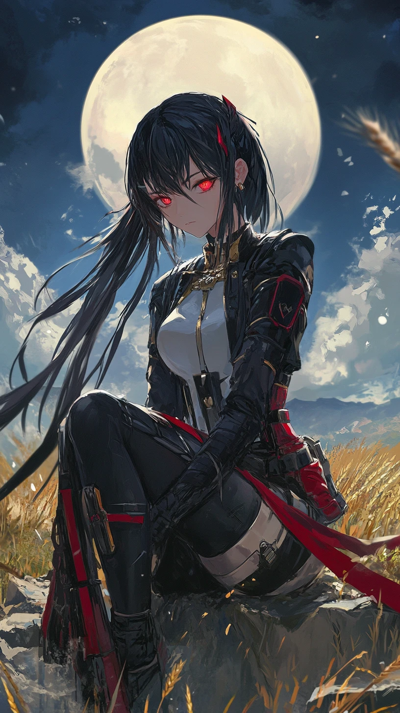 Anime girl in layered stone circle world at dusk