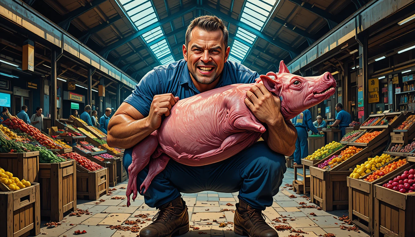 Exhausted market worker straining under a heavy beef carcass