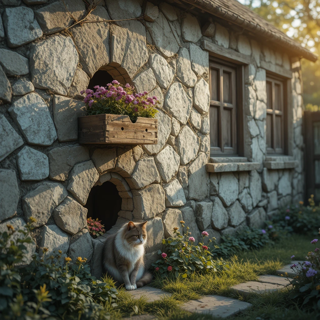 Persian cat watching a mouse hole by cottage wall at sunset