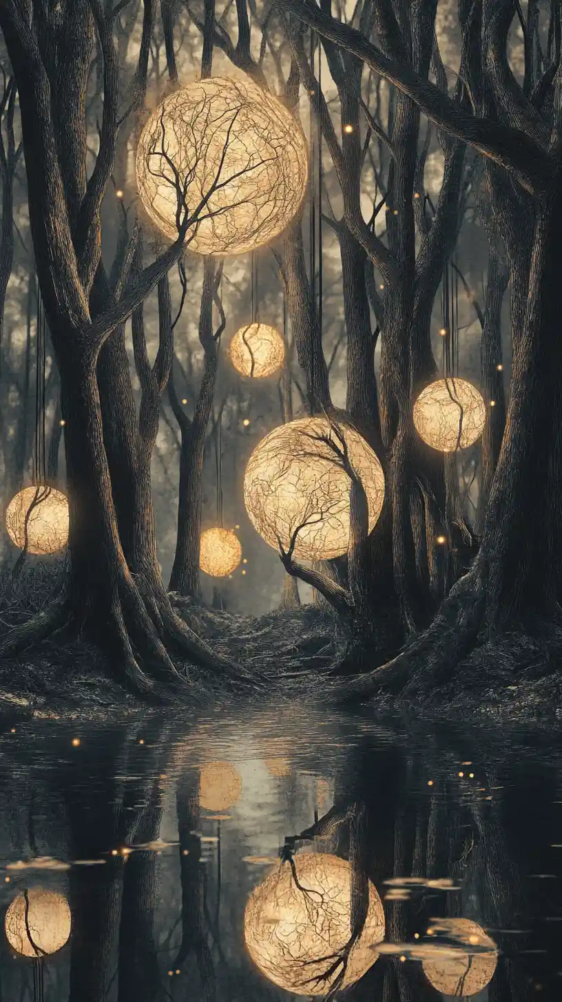 Ancient Trees Rising From Mirrored Water In Surreal Forest