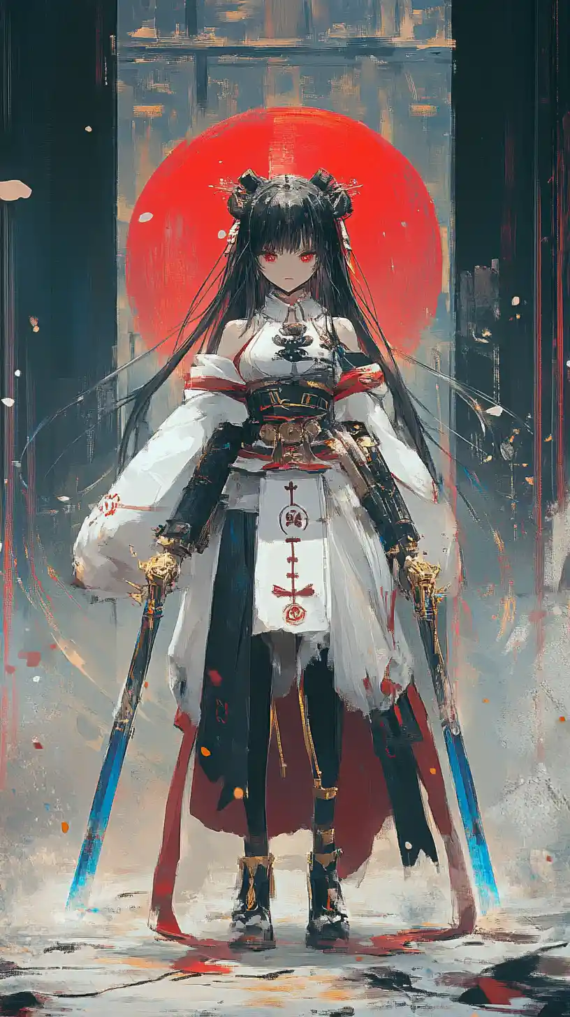 Anime girl in fighting stance holding twin elemental swords
