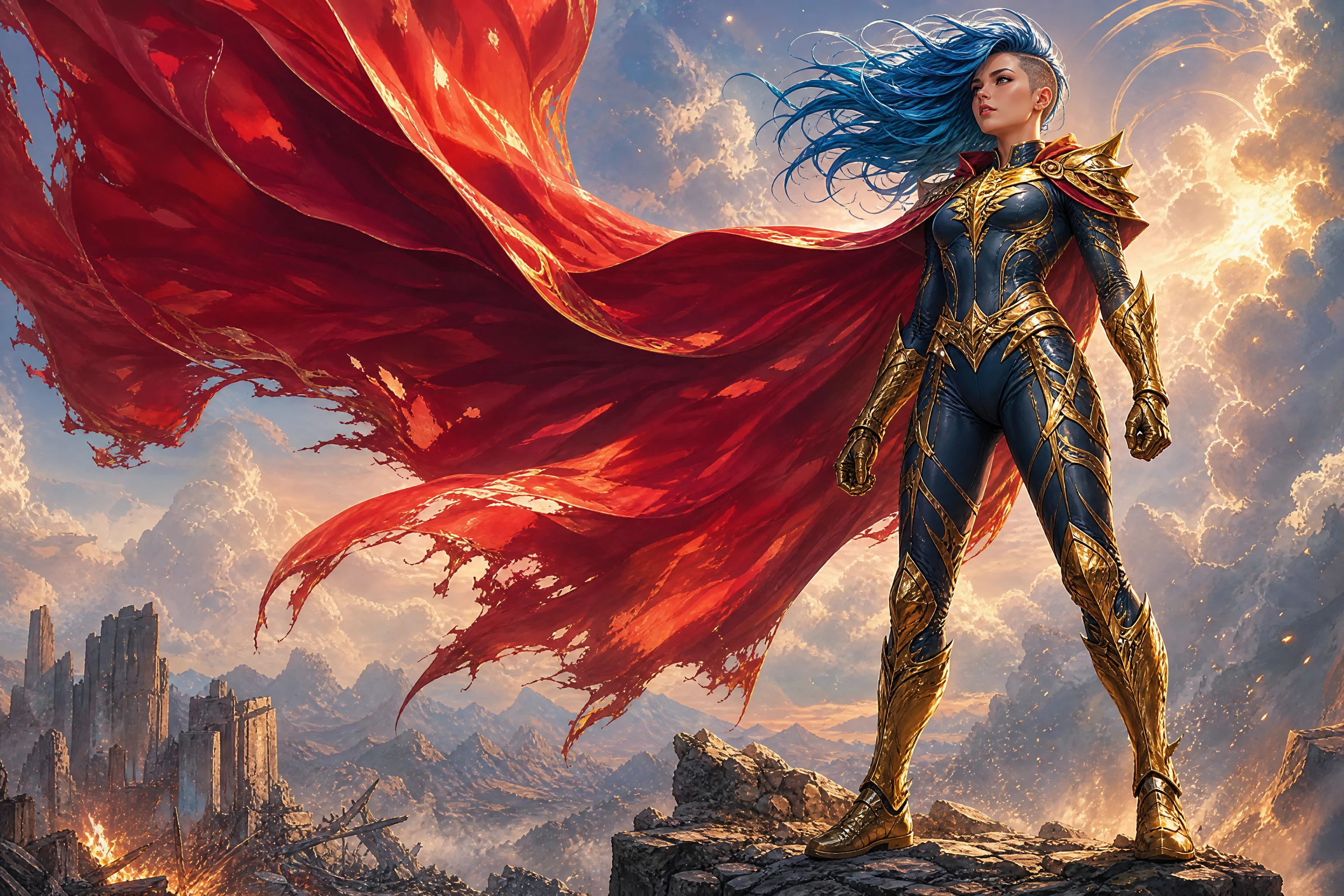 Teenage heroine in armor standing tall on a mountain cliff