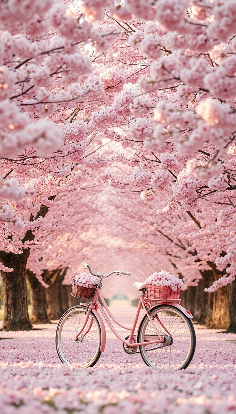 Cherry Blossom Avenue With Bicycle Under Blooming Trees
