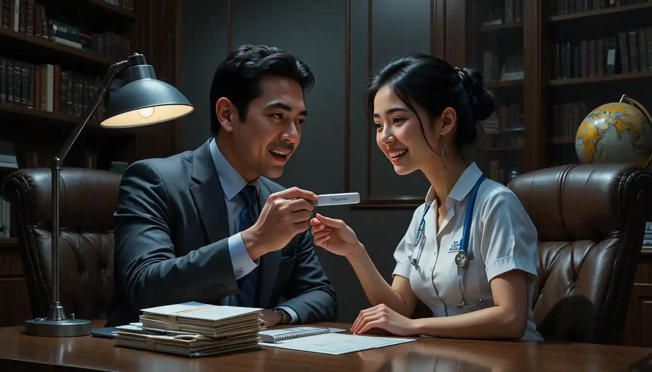 Tense doctor and nurse in dimly lit private office