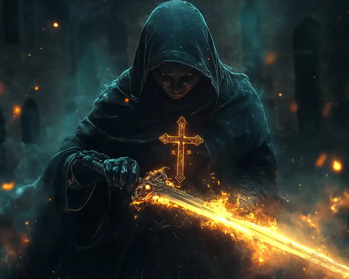 Battle nun wielding cross and glowing sword against demons