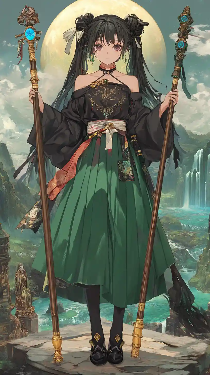 Anime girl with assault rifle in layered green outfit