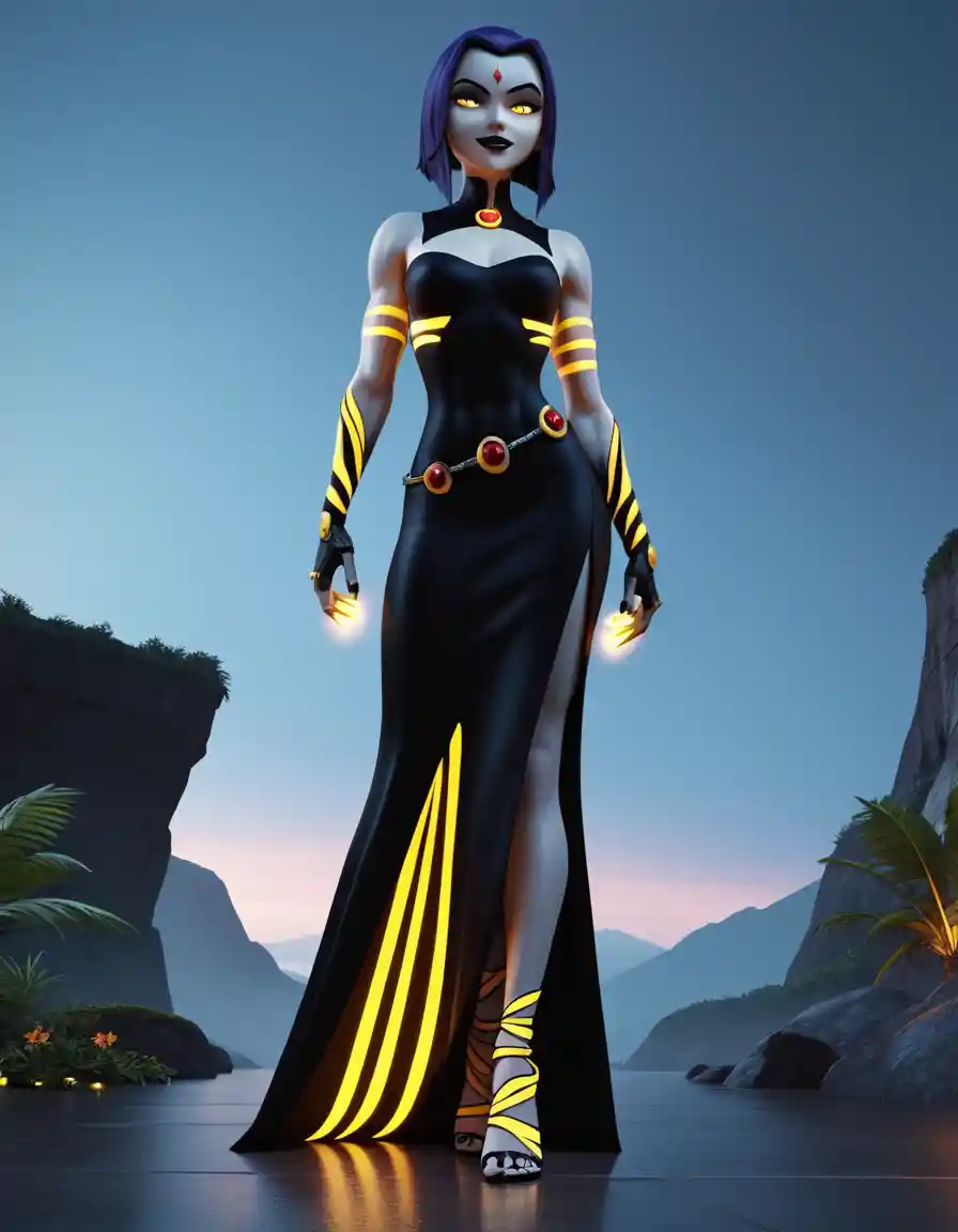 Giant futuristic woman with neon energy in jungle landscape