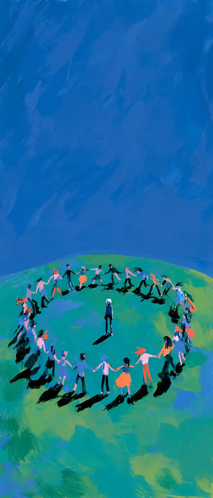 Lonely anime girl in a dancing circle on a green hill