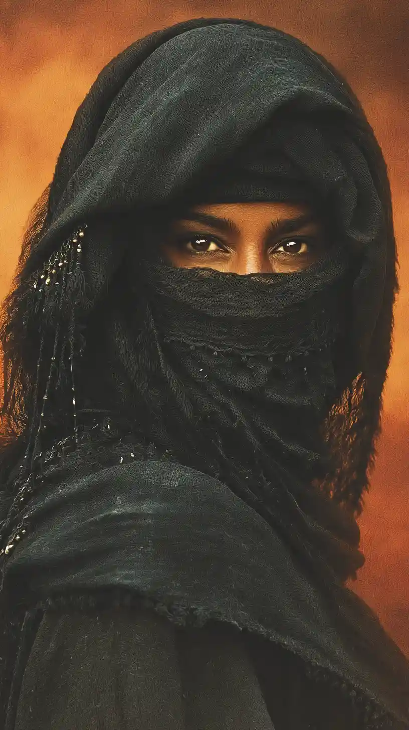 Bedouin woman riding a horse in windswept desert portrait