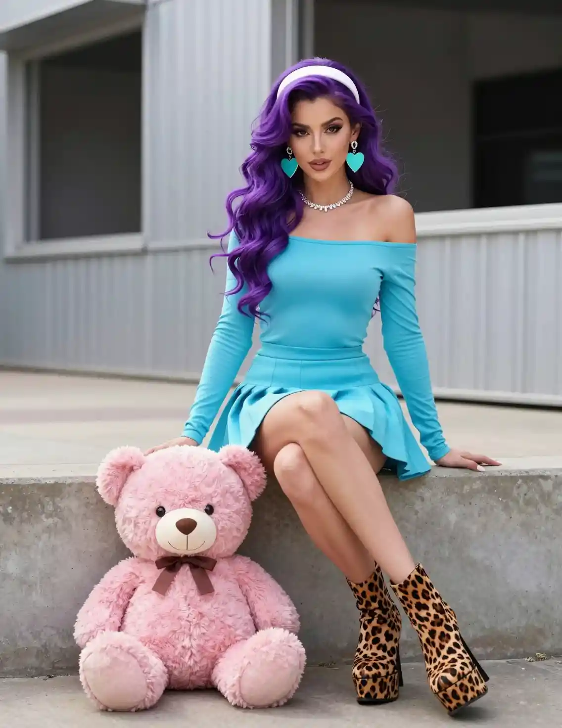 Stylish woman with purple hair posing on urban ledge