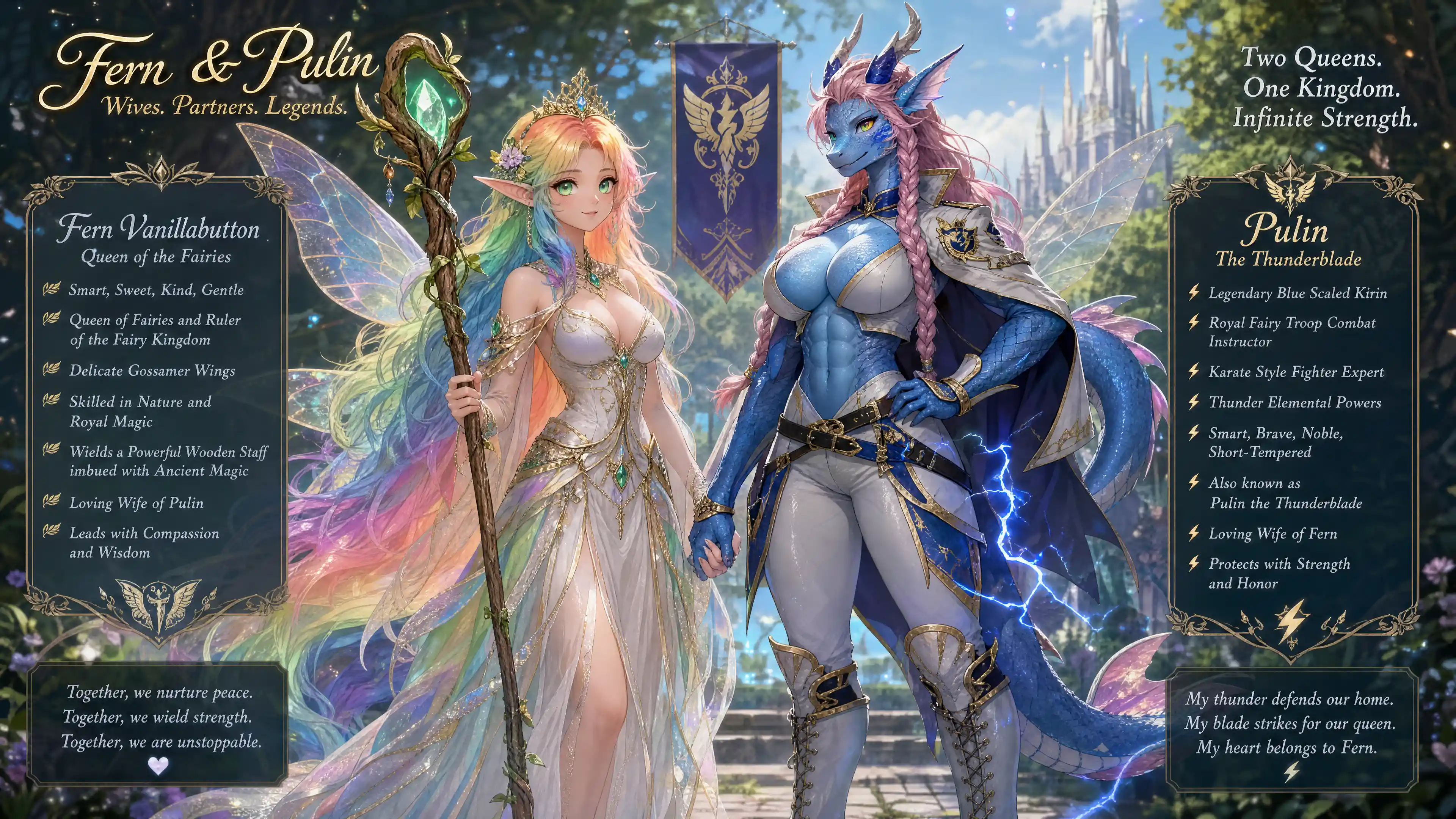 Fairy queen with rainbow hair and emerald eyes in regal attire