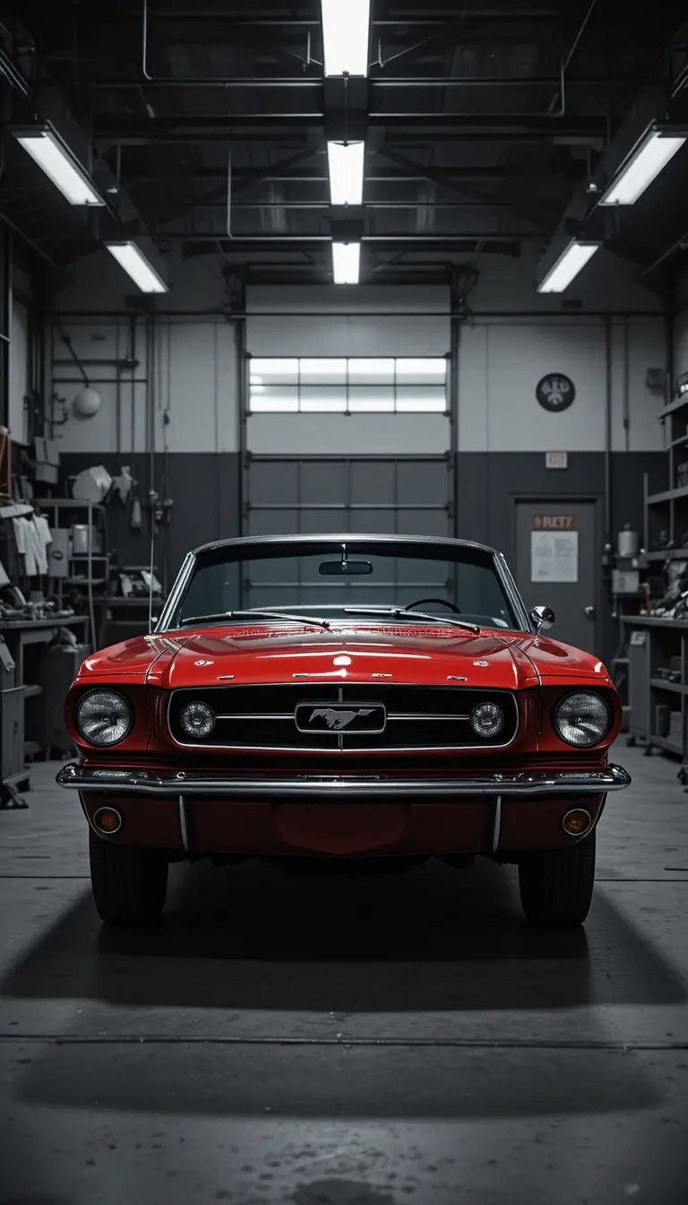 Mecánico trabajando en un Mustang rojo en un garaje monocromático