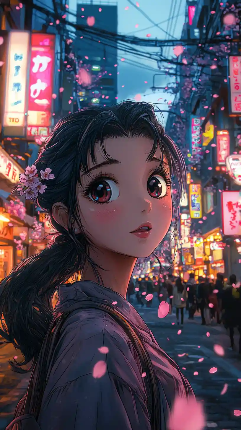 Anime girl at dusk on neon tokyo street with sakura