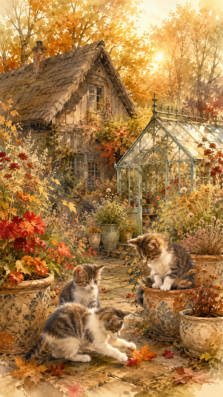 Primo piano di giardino di campagna autunnale con gatti giocherelloni