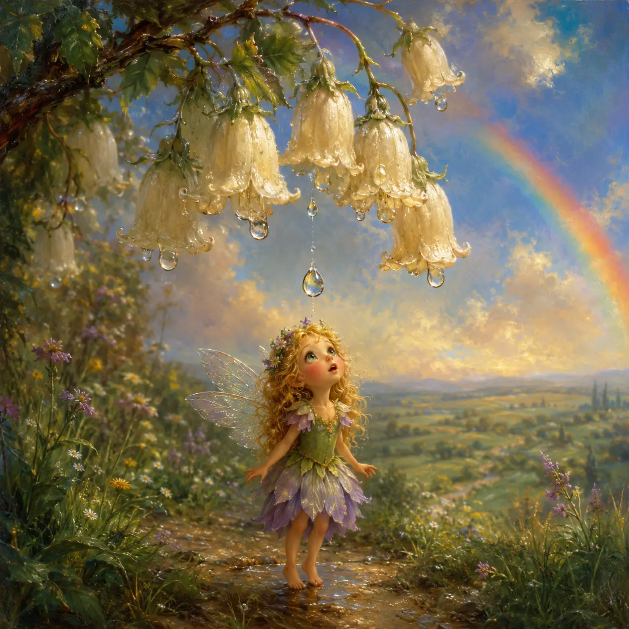 Tiny fairy under raindrop beneath ivory bell flowers