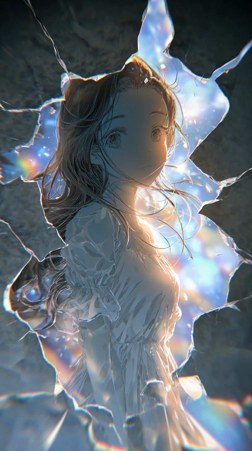 Ethereal woman emerging through a glowing vertical tear in reality