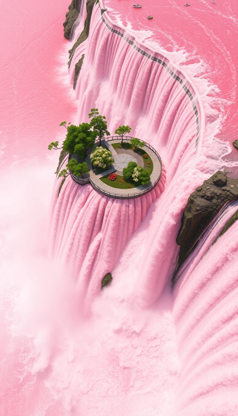 Aerial close view of colossal pink waterfall and river