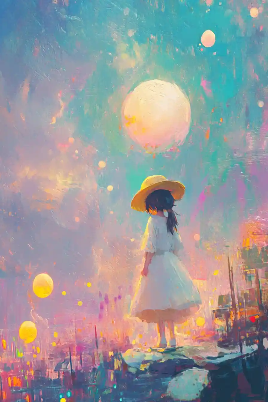 Whimsical cute anime scene in bright pastel colors