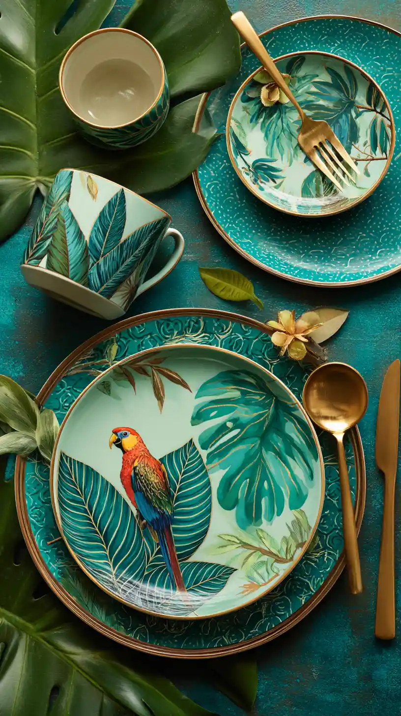 Tropical dining table styled with teal and rainforest details