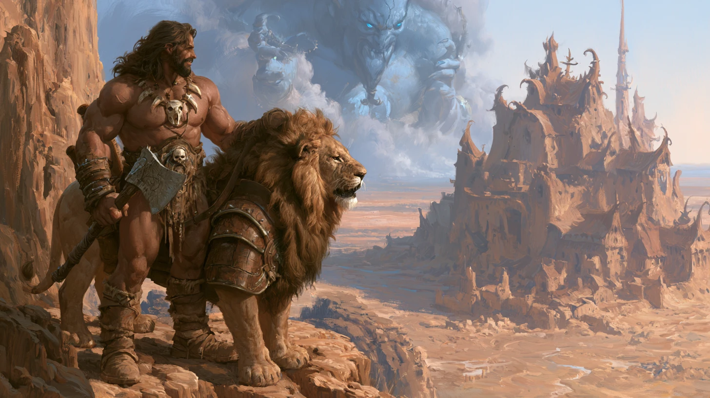 Bárbaro y león acorazado frente a un amenazante djinn del desierto
