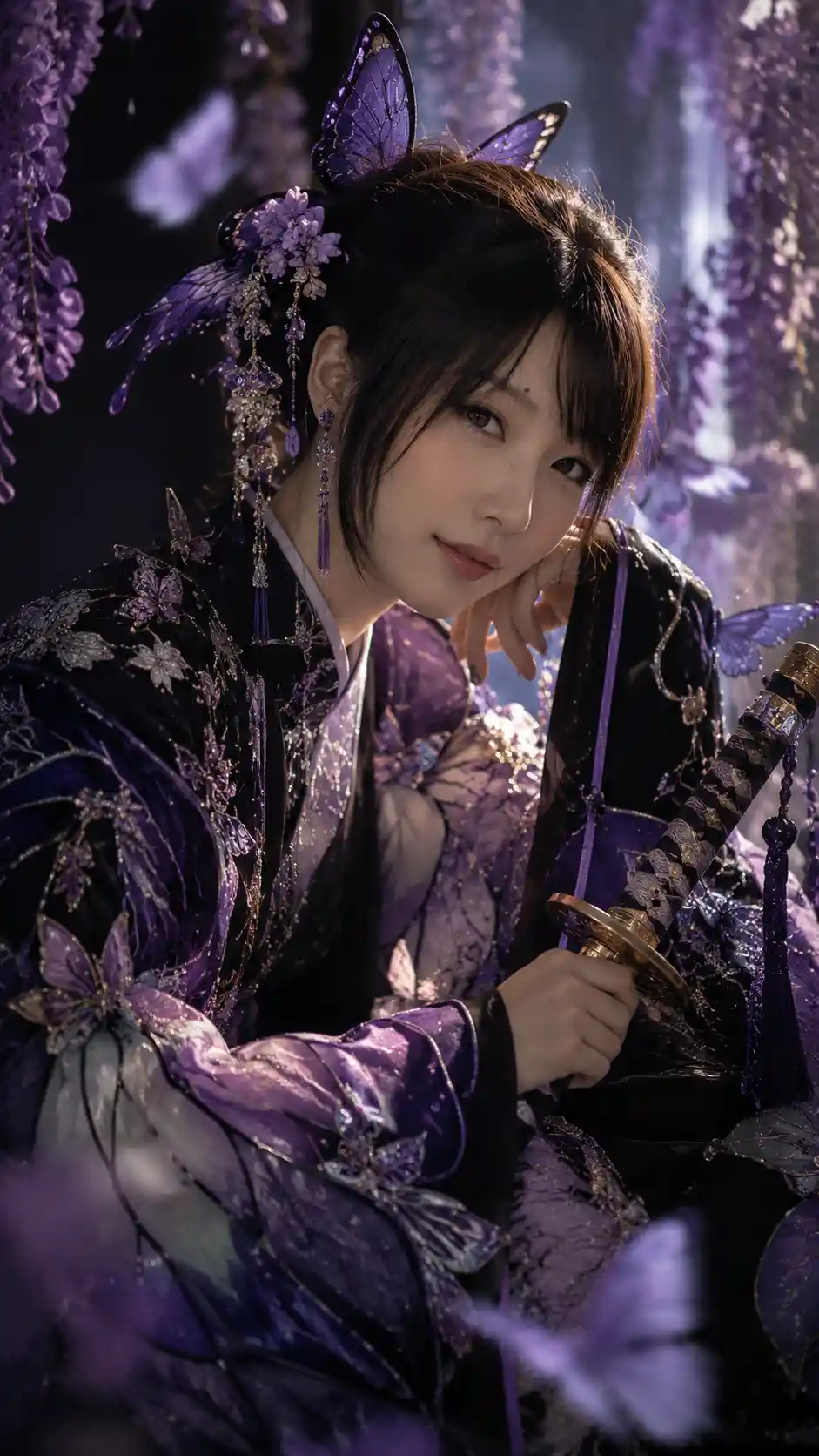 Fantasy swordswoman in couture inspired by butterflies and nature
