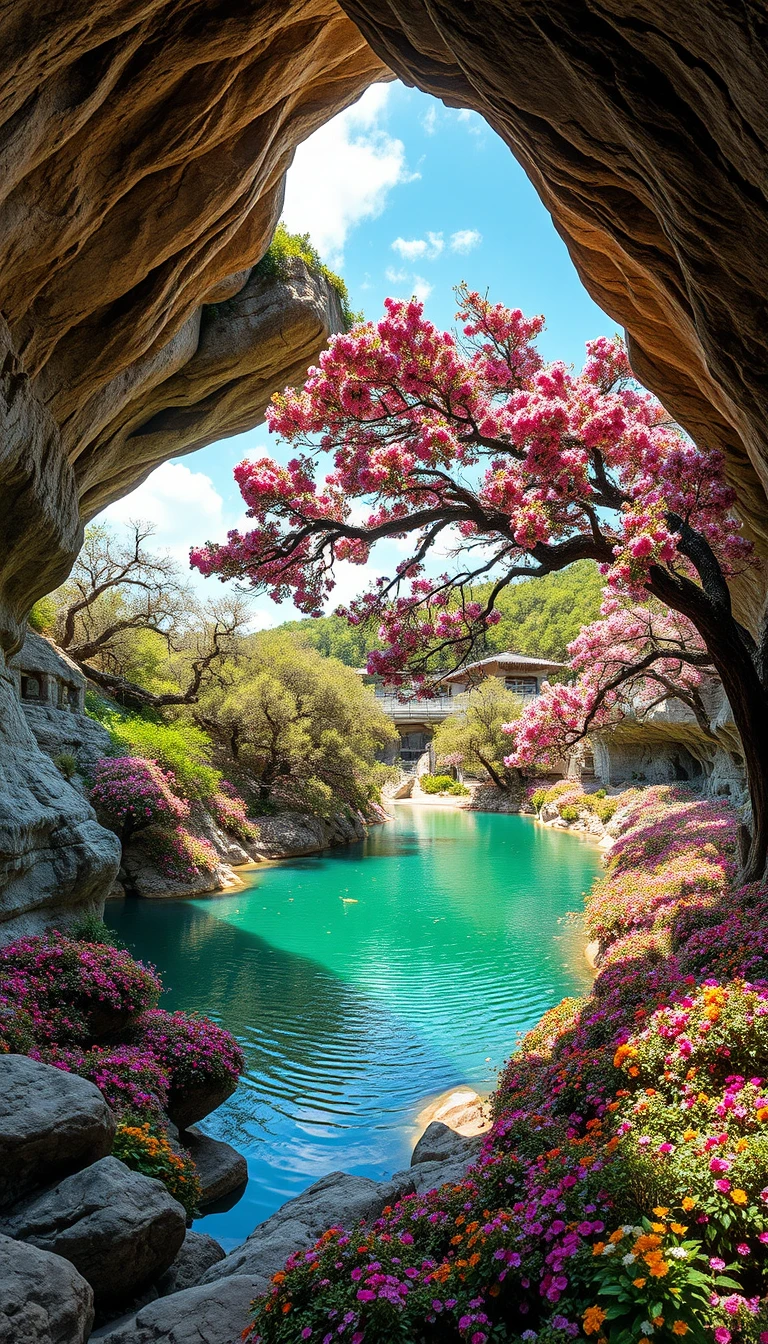 Emerald Grotto Pool With Flowering Trees And Limestone