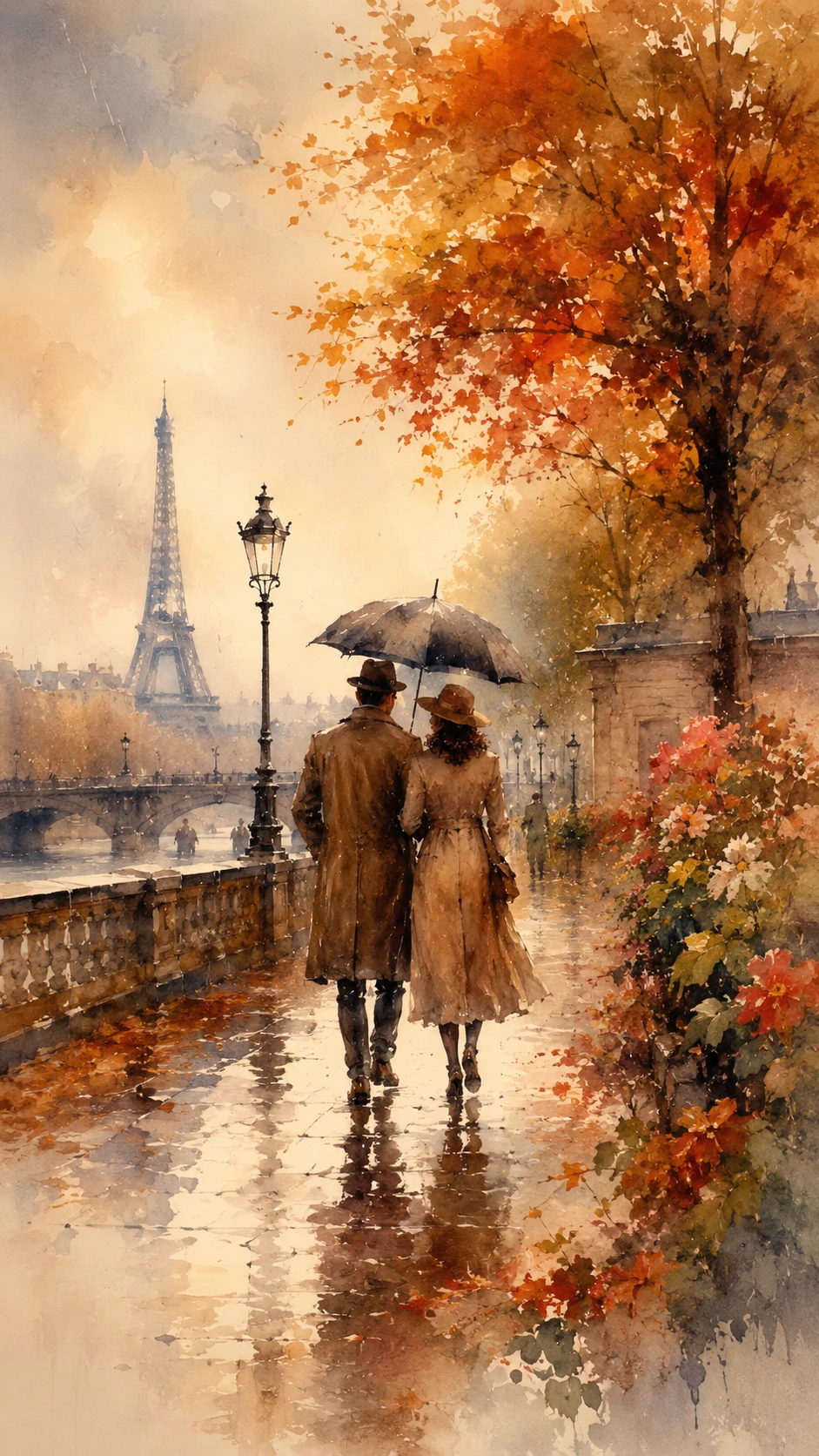 Romantic couple walking in autumn rain on Paris street