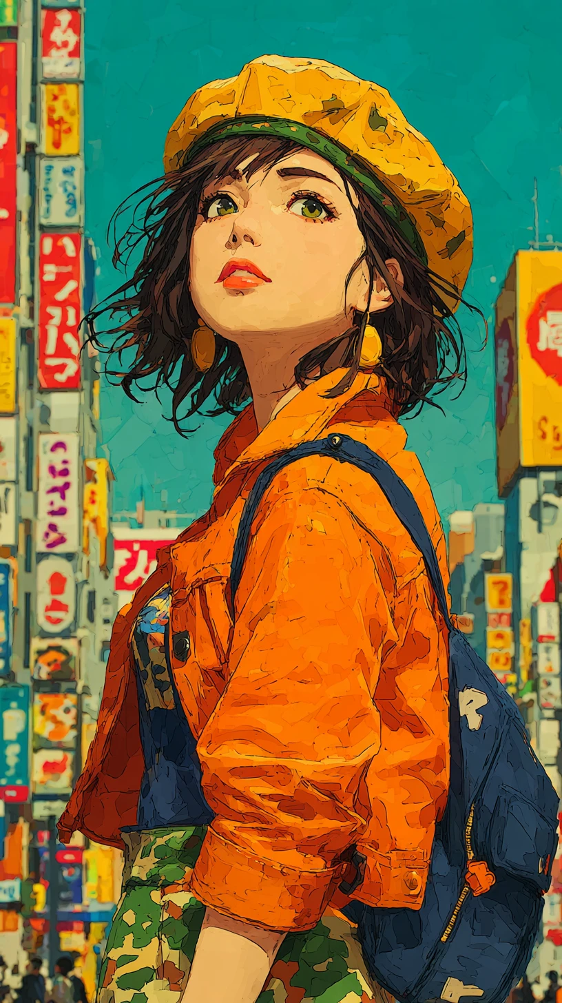 Chica de anime con estilo en una colorida calle urbana