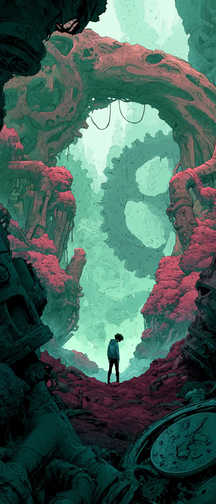 Grieving figure in surreal mechanical fantasy ruins