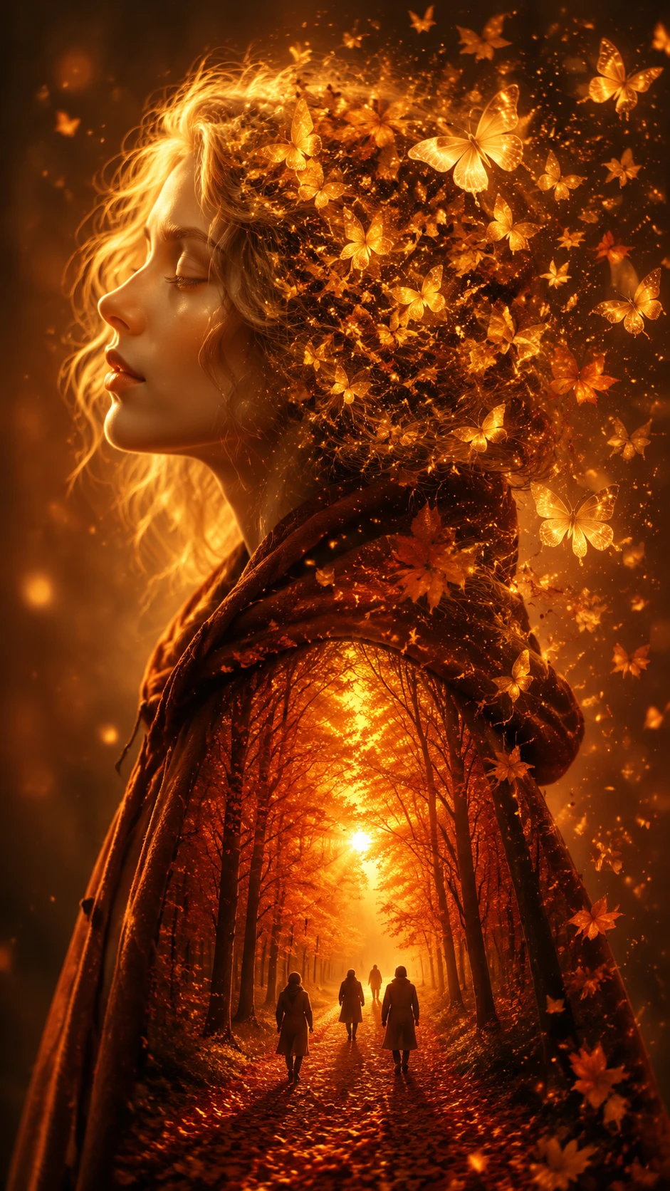 Ethereal woman in profile with butterflies and autumn forest