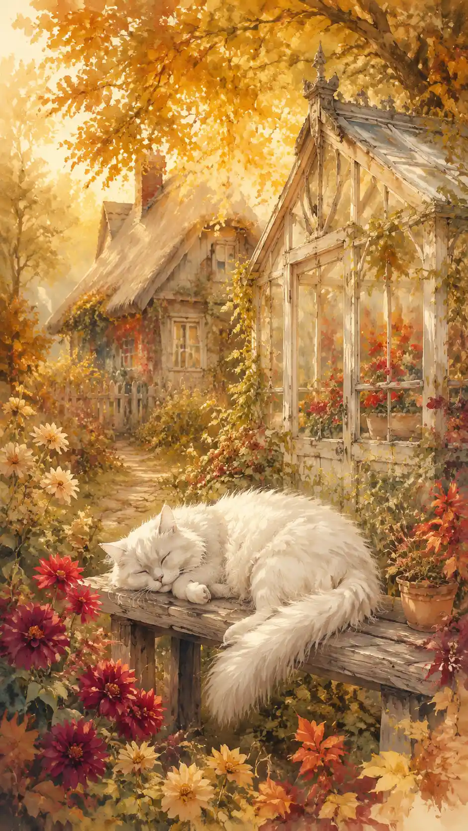 Peaceful cat resting in an autumn country garden
