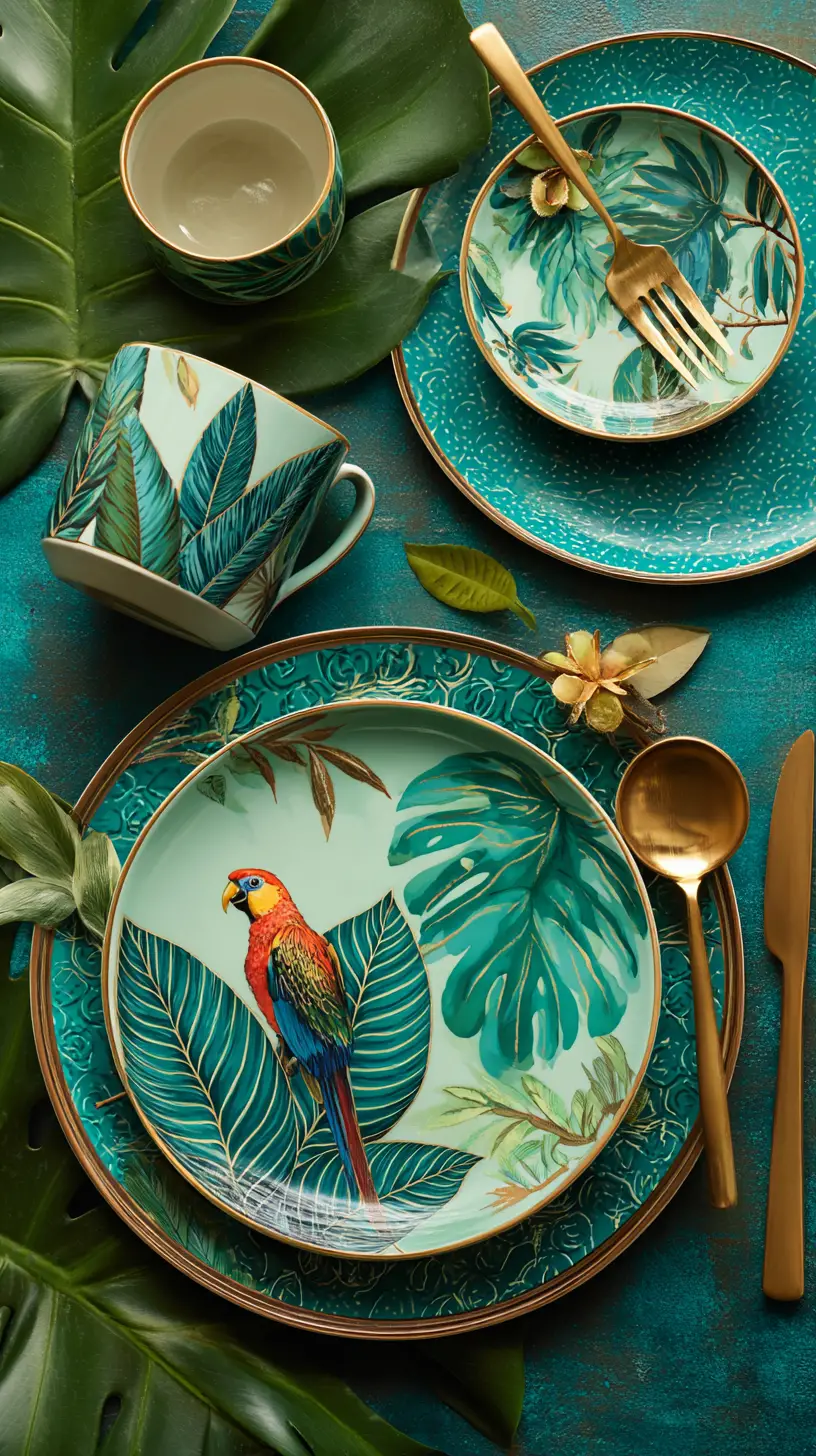 Tropical dining table styled with teal and rainforest details
