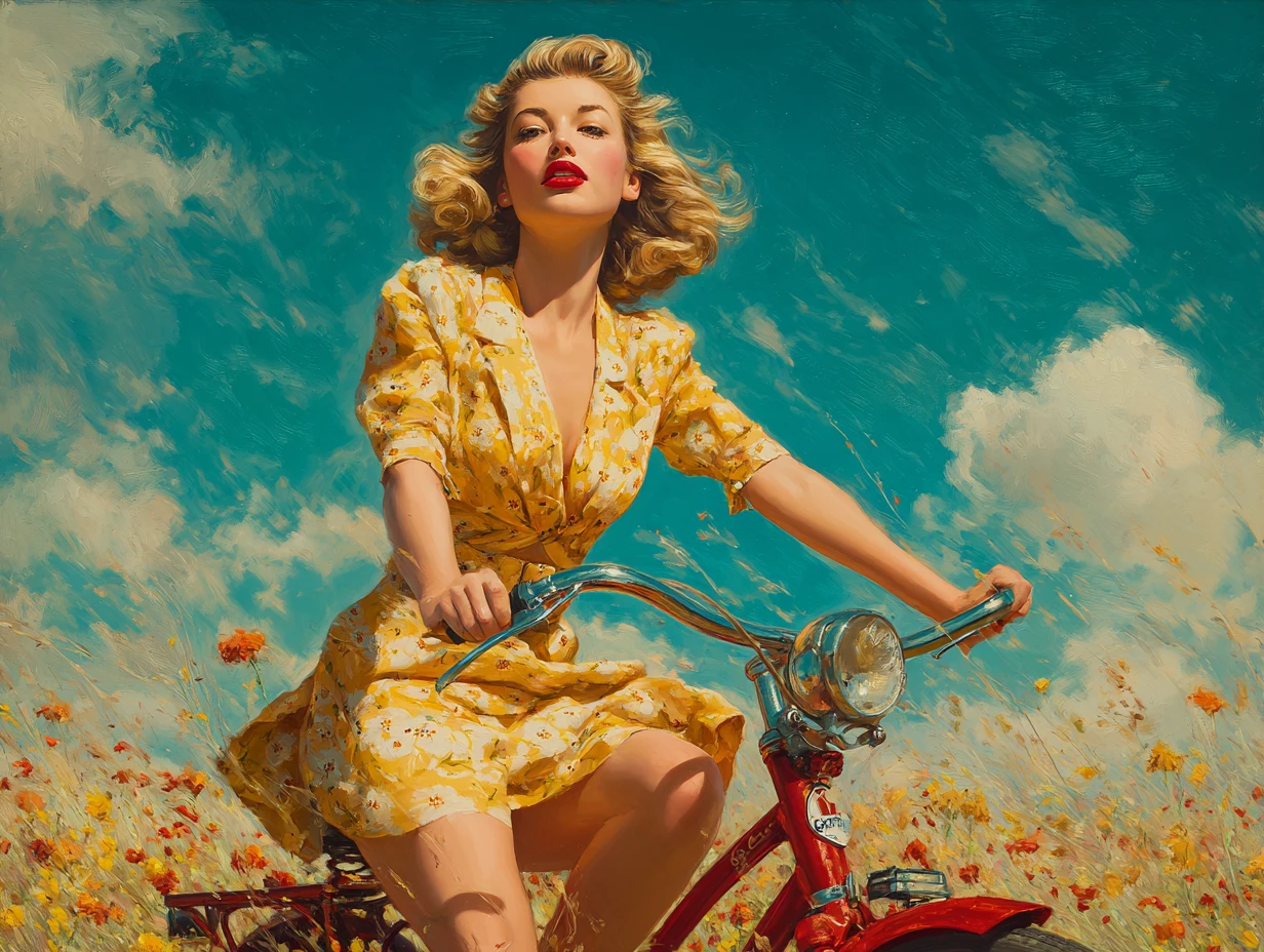 Rubia vintage glamurosa paseando en bicicleta por el prado