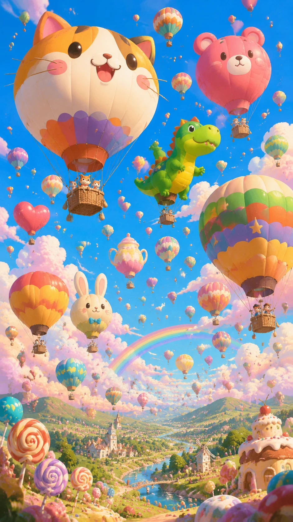 Fantástico Festival de Globos Aerostáticos sobre Praderas de Colores de Caramelo