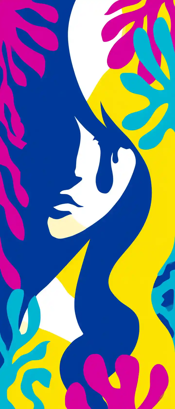 Minimalist abstract anime face with cascading blue tear