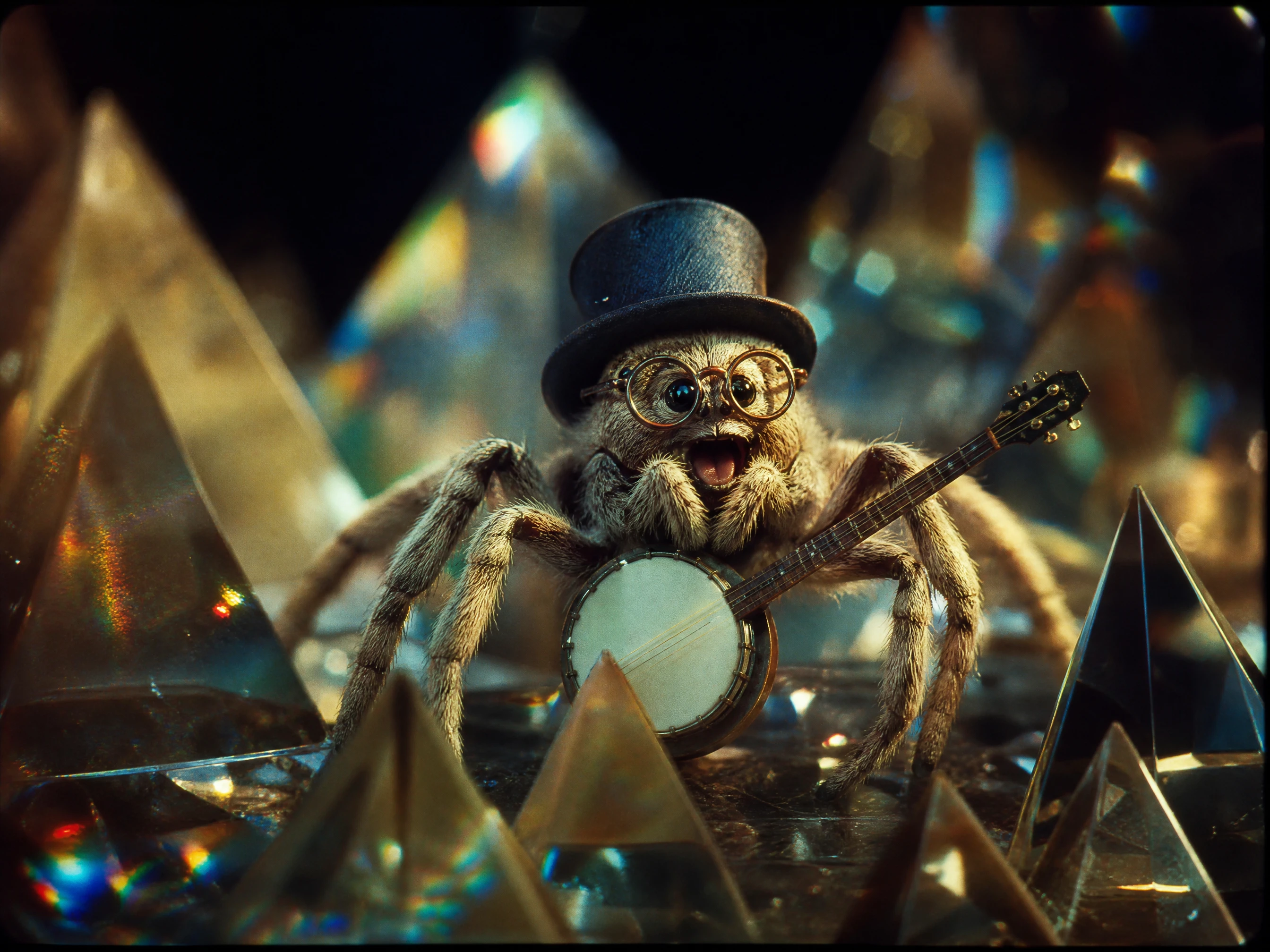 Araña nerd tocando el banjo en un mundo miniatura de cristal