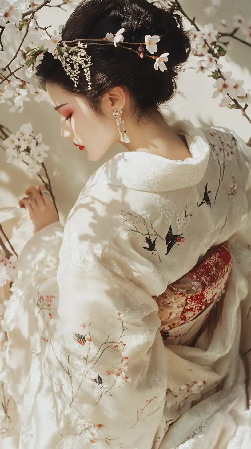 Couture geisha bride in layered white ceremonial kimono