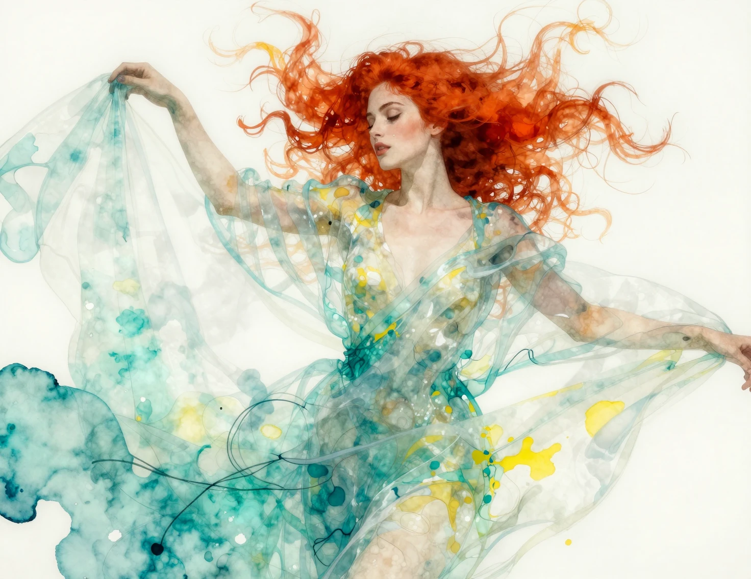 Mujer surrealista en acuarela con cabello rojo fluido y pañuelo