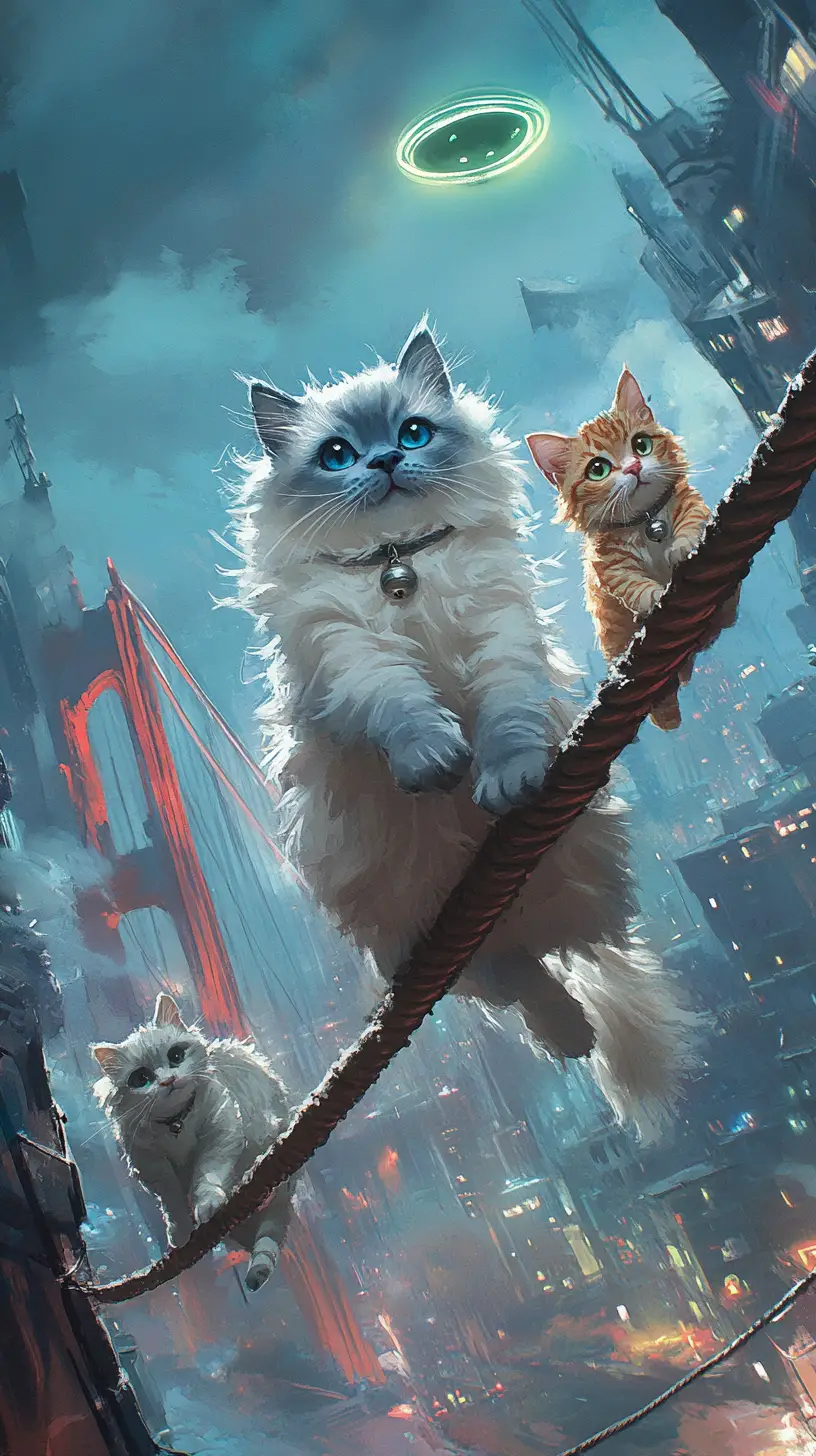 Adventurous watercolor cats crossing a cable above the bay