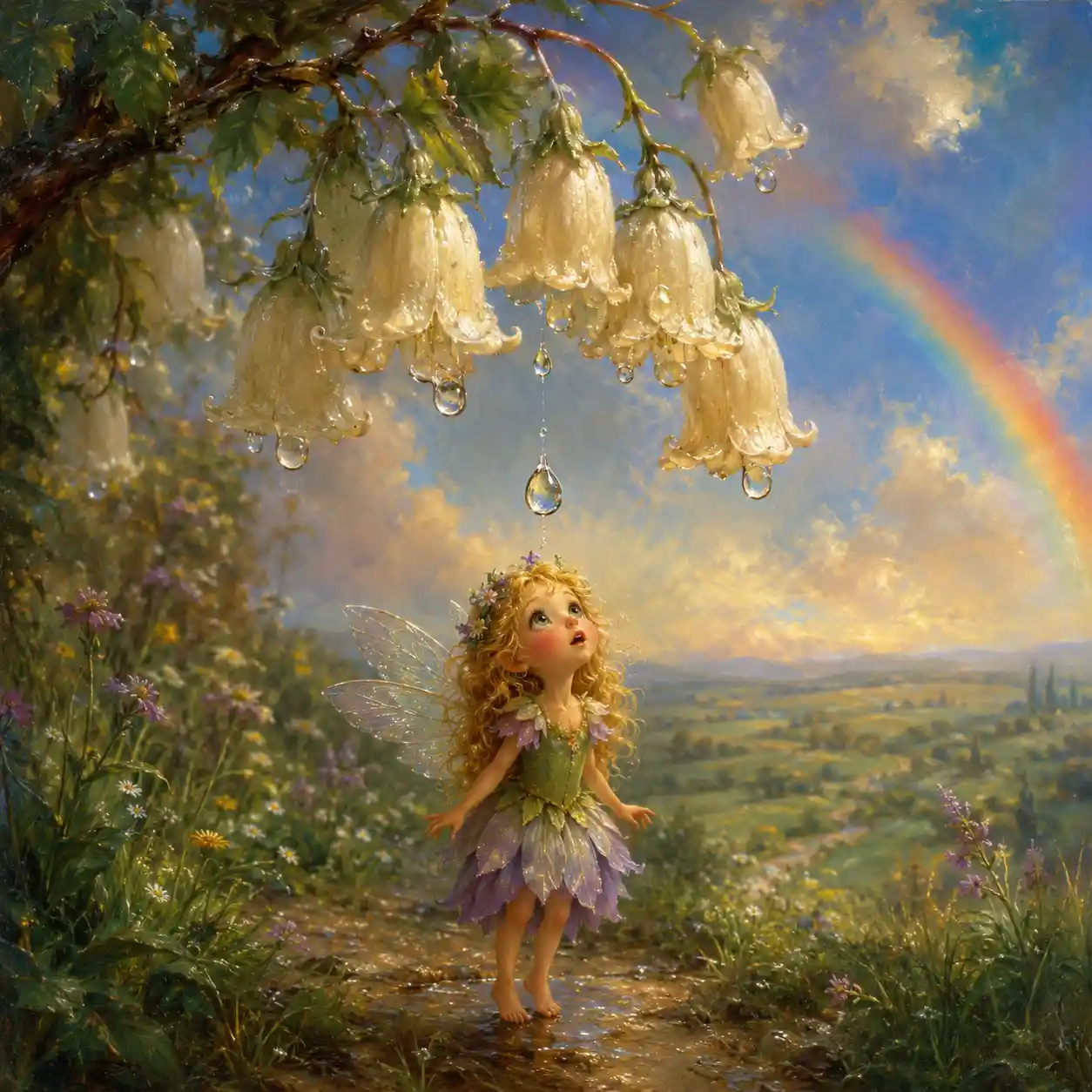 Minuscola fata sotto una goccia di pioggia tra fiori a campana color avorio