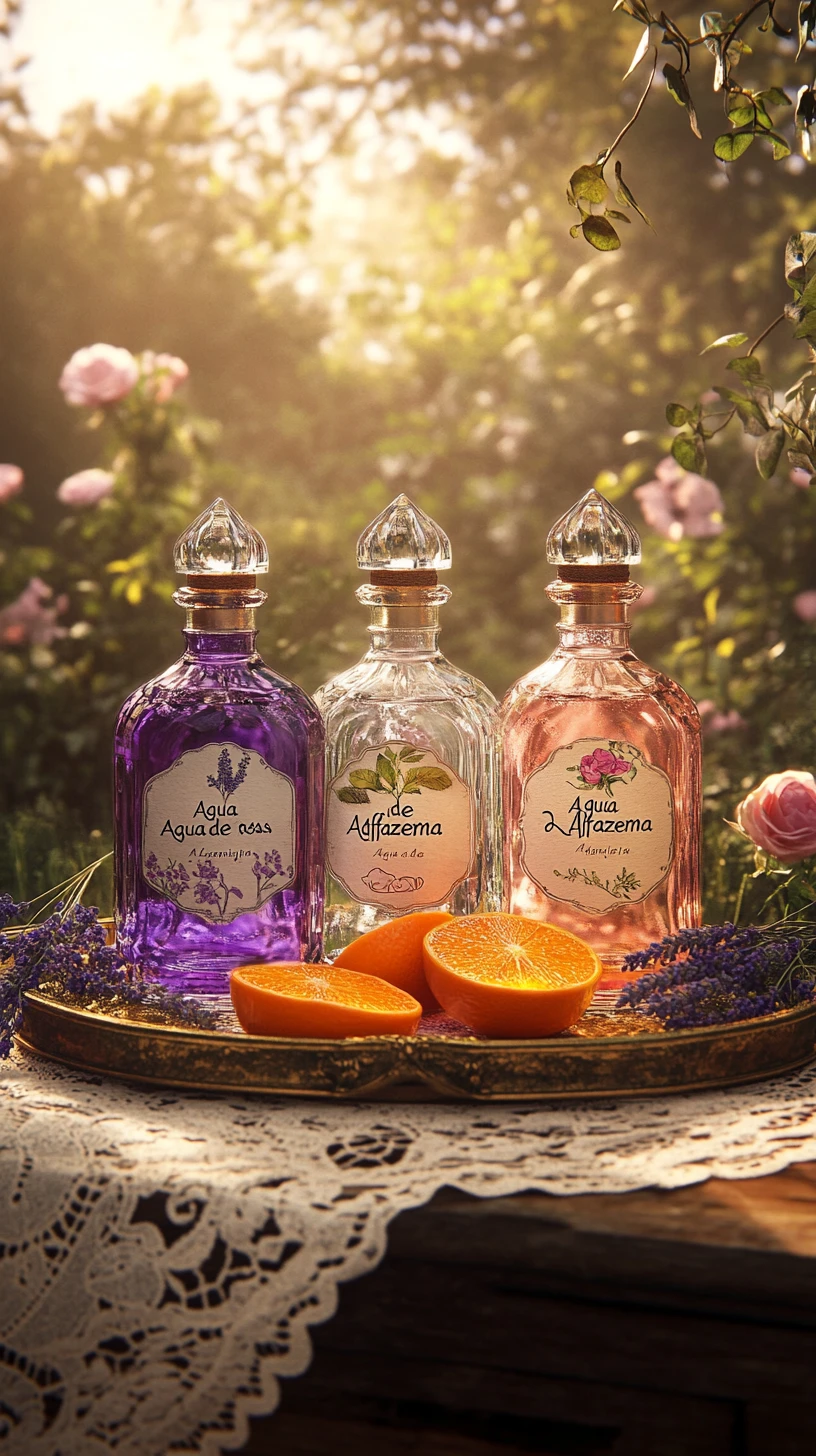 Flaconi di profumo vintage in vetro su vassoio in ottone in giardino