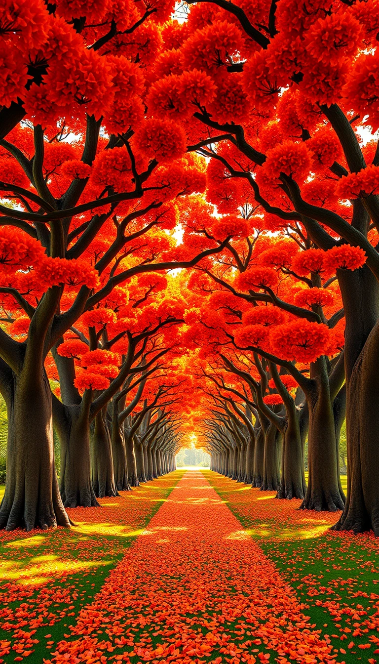 Sunlit royal poinciana flower tunnel over a petal path