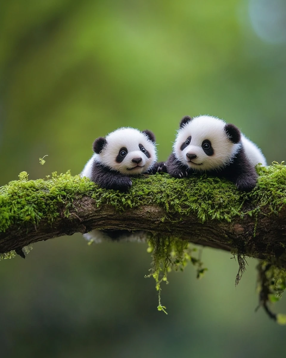 Winzige Pandas an beiden Ufern eines ruhigen Flusses