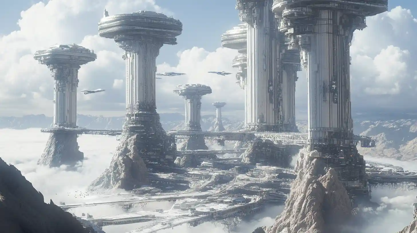 Colossal futuristic cities rising above a toxic desert world
